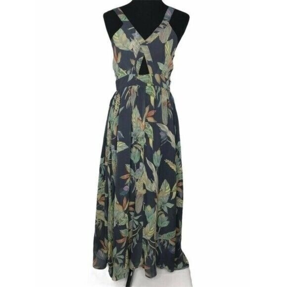 Junk Hippie Womens Midi A Line Black Green Bird Foliage Floral Cutout Dress SZ M - Picture 1 of 9